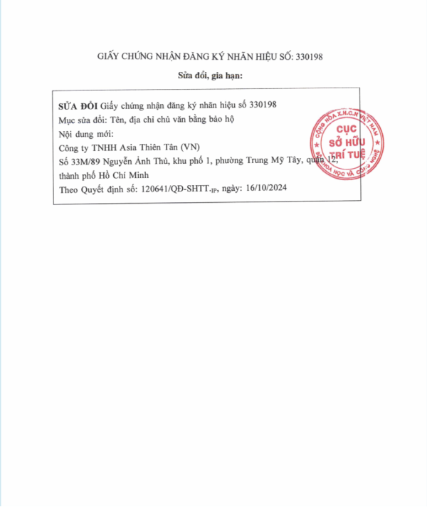 Giấy chứng nhận đăng ký nhãn hiệu - Mặt sau